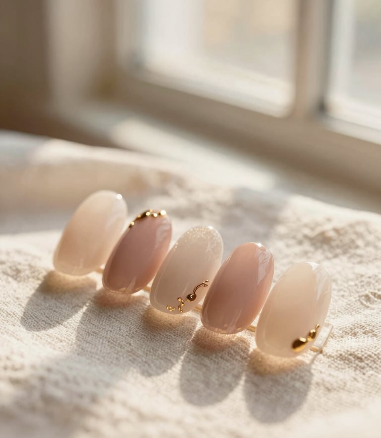 Macro photograph of pristine gel nail art with delicate gold accents, resting on soft ivory linen, warm diffused window light, shallow depth of field