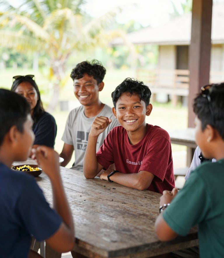 Medium shot of active Indonesian village youth collaborating outdoors at a wooden table, warm natural daylight, bright optimistic smiles, 35mm lens style.