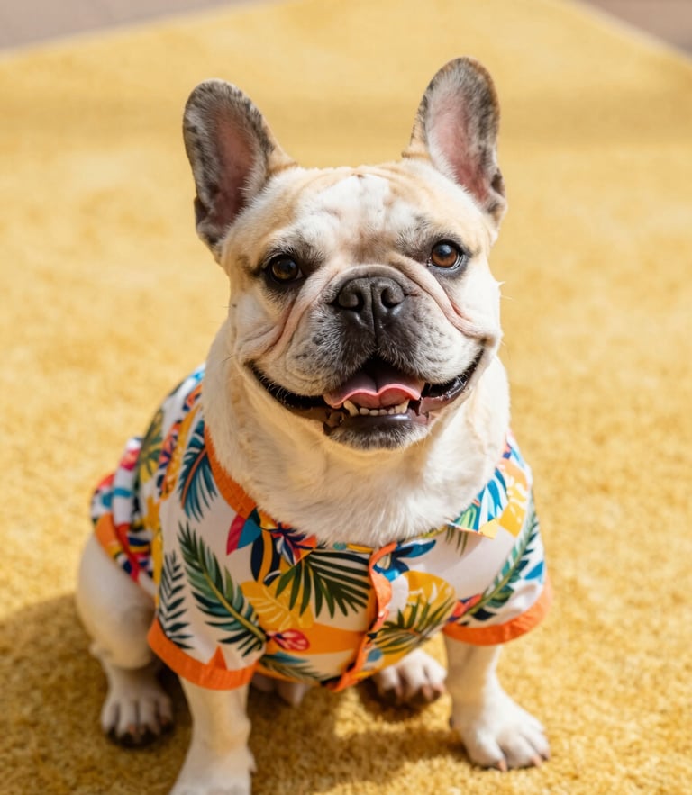 A joyful French bulldog wearing a colorful tropical shirt, sitting on a bright yellow rug, warm natural light, eye-level pet portrait, 35mm