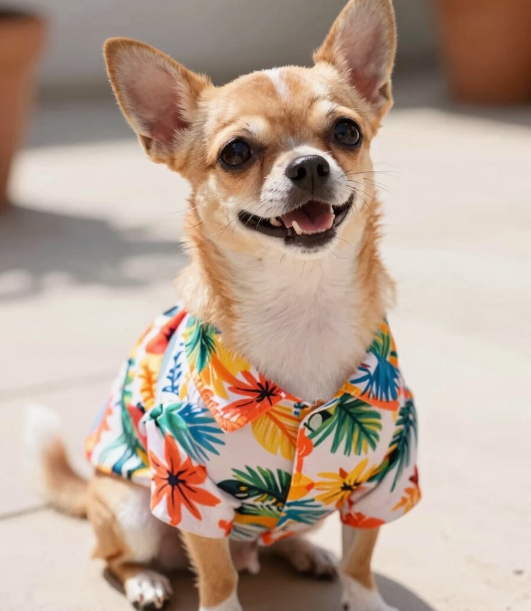 A happy small chihuahua dog wearing a colorful tropical Hawaiian shirt, sitting on a sunlit patio, looking up with a cheerful expression, warm editorial photography, bright natural daylight, shallow depth of field