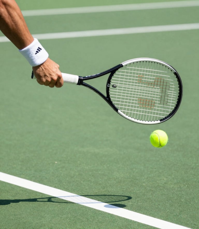 Dynamic close-up of a tennis racket striking a ball on a green clay court, bright natural sunlight, shallow depth of field