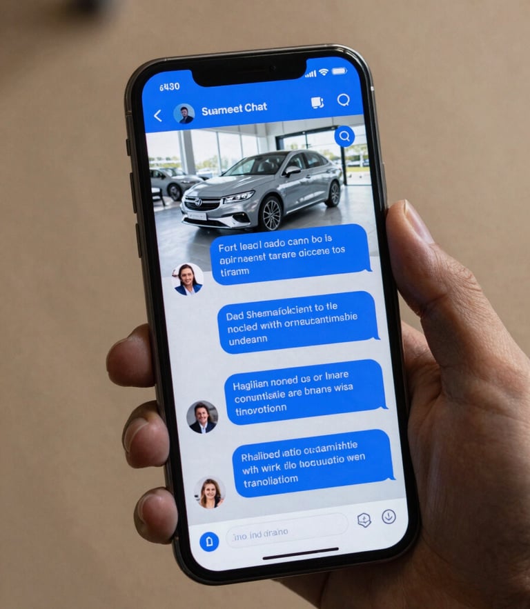High-fidelity mobile screen mockup displaying a live dealership chat conversation, electric blue accents, clear lead qualification steps visible on screen, studio lighting