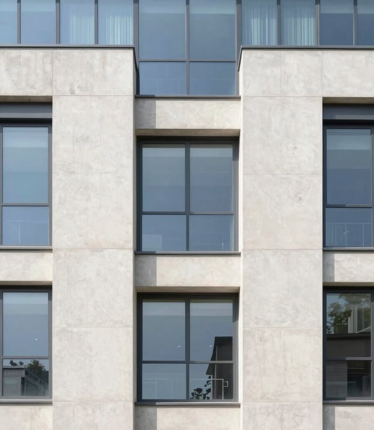 Symmetric architectural photography of a modern concrete and glass facade, sharp lines, bright natural daylight, 35mm
