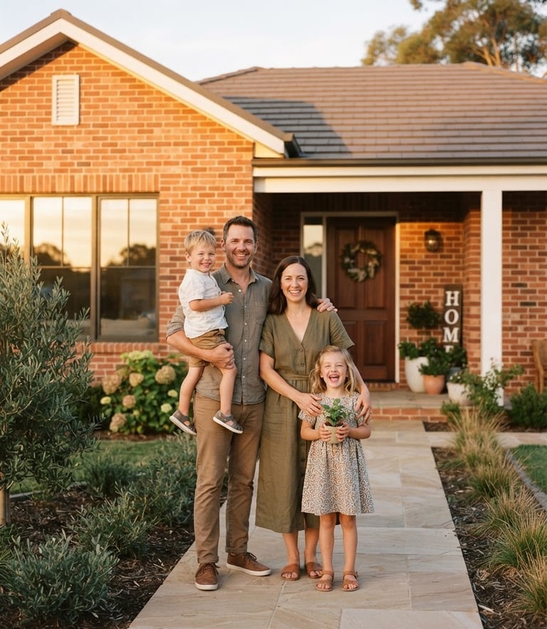 A warm portrait of a smiling family standing in front of their newly completed home, golden-hour sunlight casting a soft glow on terracotta brick details, 35mm film style.