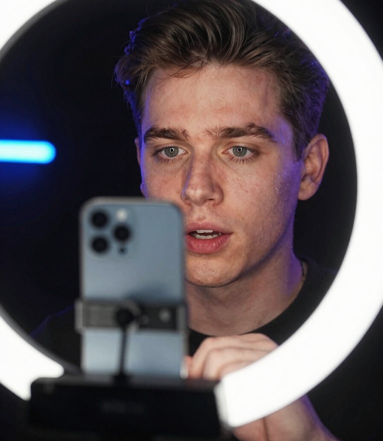 Dynamic close-up of Lukas speaking directly to a smartphone camera on a ring light rig, high-contrast studio lighting, electric neon ambient glow, sharp focus