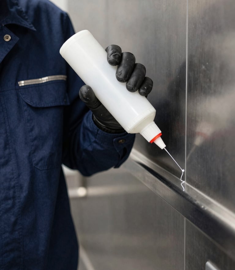 Close-up macro shot of a professional pest control technician in a clean dark blue uniform, applying a precise gel barrier in a stainless steel commercial kitchen corner, sharp focus, technical lighting
