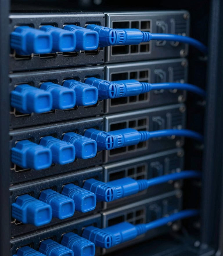 Macro close-up of a high-performance server rack with precise blue cabling, cool low-key studio lighting, sharp focus, 35mm