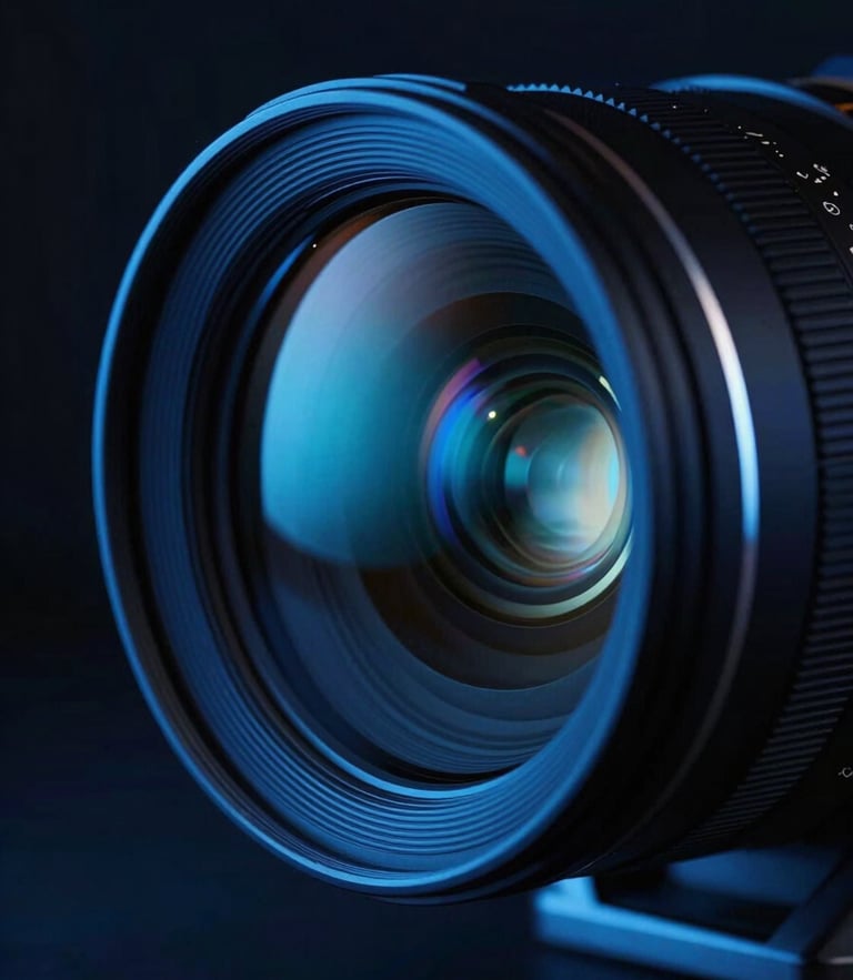 Macro close-up of a high-end anamorphic camera lens reflecting glowing electric blue neon light in a dark studio, cinematic atmosphere, premium tech aesthetic