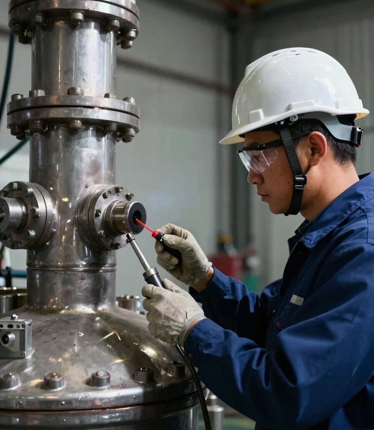 A technical engineer wearing a white hard hat and safety glasses, performing an ultrasonic thickness test on a massive industrial steel boiler, dramatic high-contrast lighting.