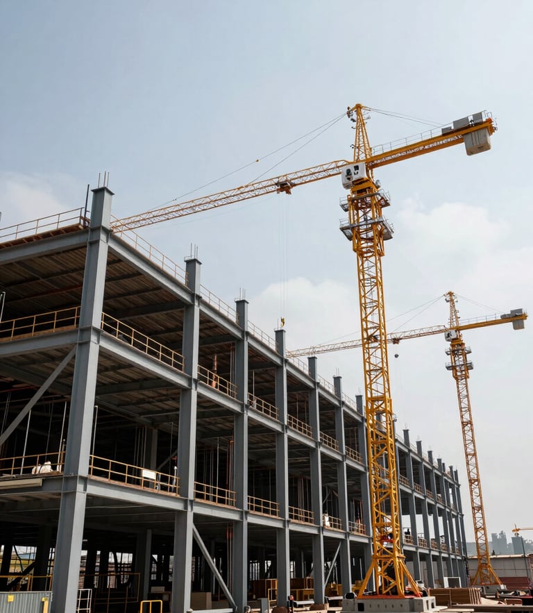 Wide environmental shot of a massive structural steel framing site, towering cranes under high-contrast overcast daylight, industrial scale with negative space.