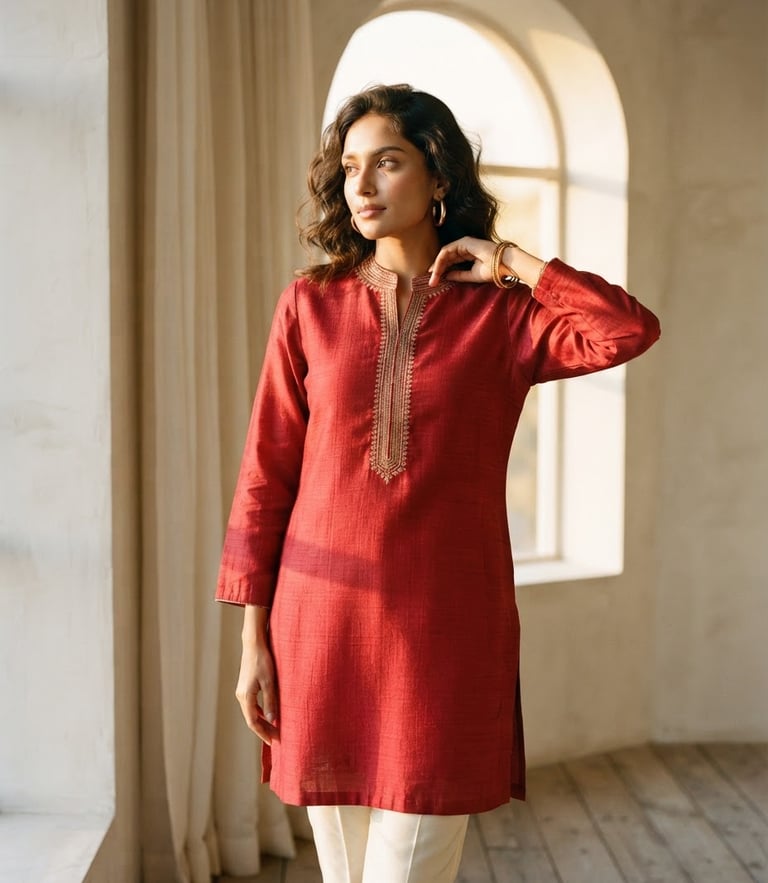 A high-fashion editorial portrait of a model in a sun-drenched, minimalist architectural setting, wearing a rich crimson tailored silk kurti. Soft golden-hour window light casts gentle shadows, highlighting the fine loomed texture.