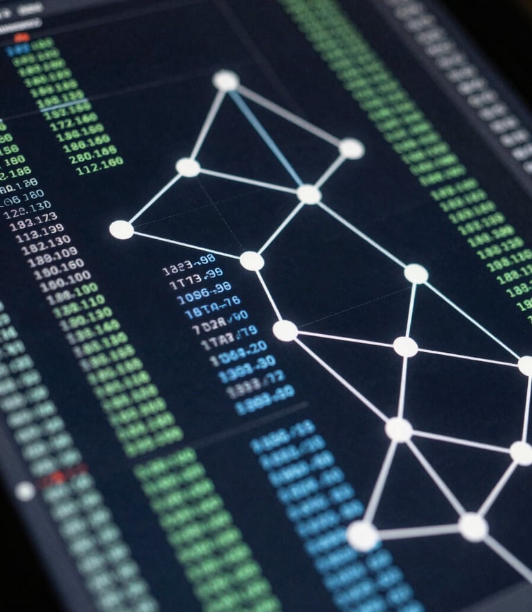 Macro shot of a high-resolution screen displaying complex node graphs and ledger transaction flows, cool screen-glow lighting, deep obsidian and slate tones, sharp focus on digital data.