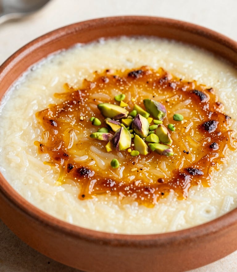 Overhead close-up of a traditional Turkish baked rice pudding with a beautifully caramelized golden-brown top, served in a clay dish on a rustic cream-colored table, soft afternoon side-light, shallow depth of field.
