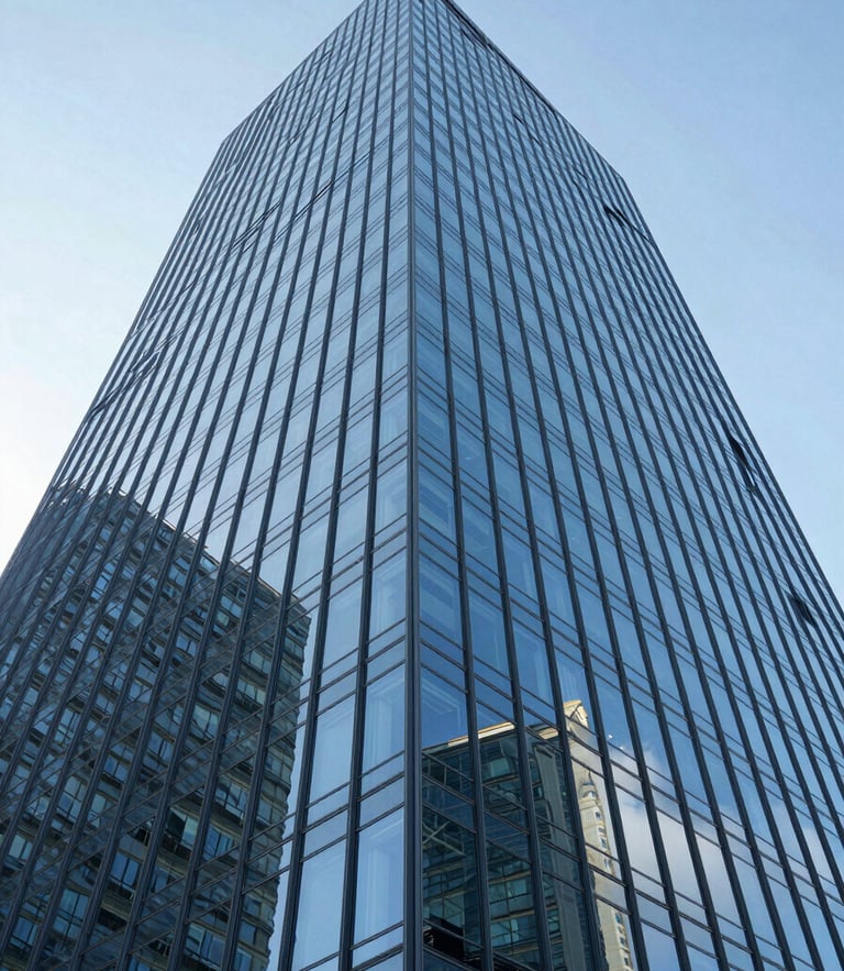 Low-angle architectural shot of a towering glass facade reflecting the sky, steel blue tones, crisp daylight reflections, professional tilt-shift lens