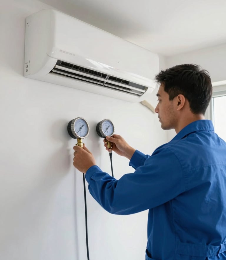 A clean, bright indoor utility room in Riyadh. A certified technician in a blue uniform calibrates a modern wall-mounted split AC unit using digital pressure gauges. Cool, crisp natural daylight.