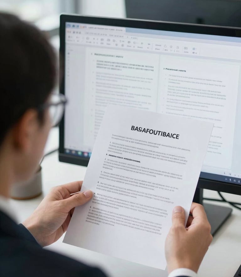 Over-the-shoulder shot of a lawyer reviewing document drafts on a clean monitor, bright cool daylight, professional office setting, sharp focus, 35mm