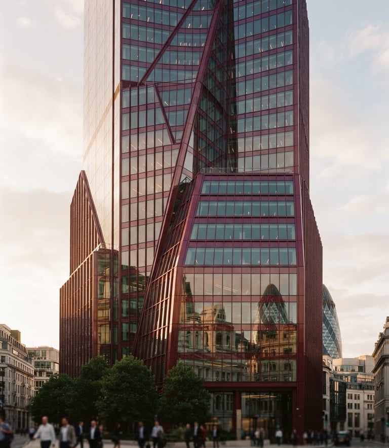 Architectural 35mm shot of a modern UK skyscraper reflecting soft golden hour light, deep crimson glass facade, low-contrast natural daylight
