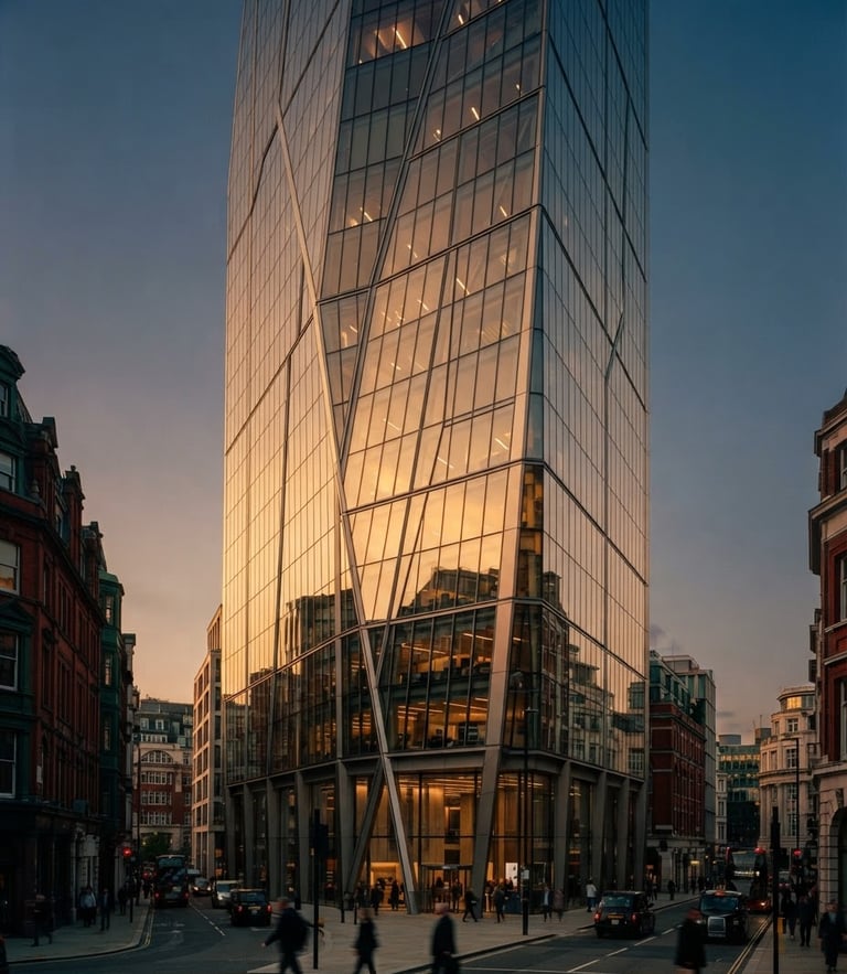 Architectural shot of a UK skyscraper reflecting soft golden hour light on its glass facade, 35mm