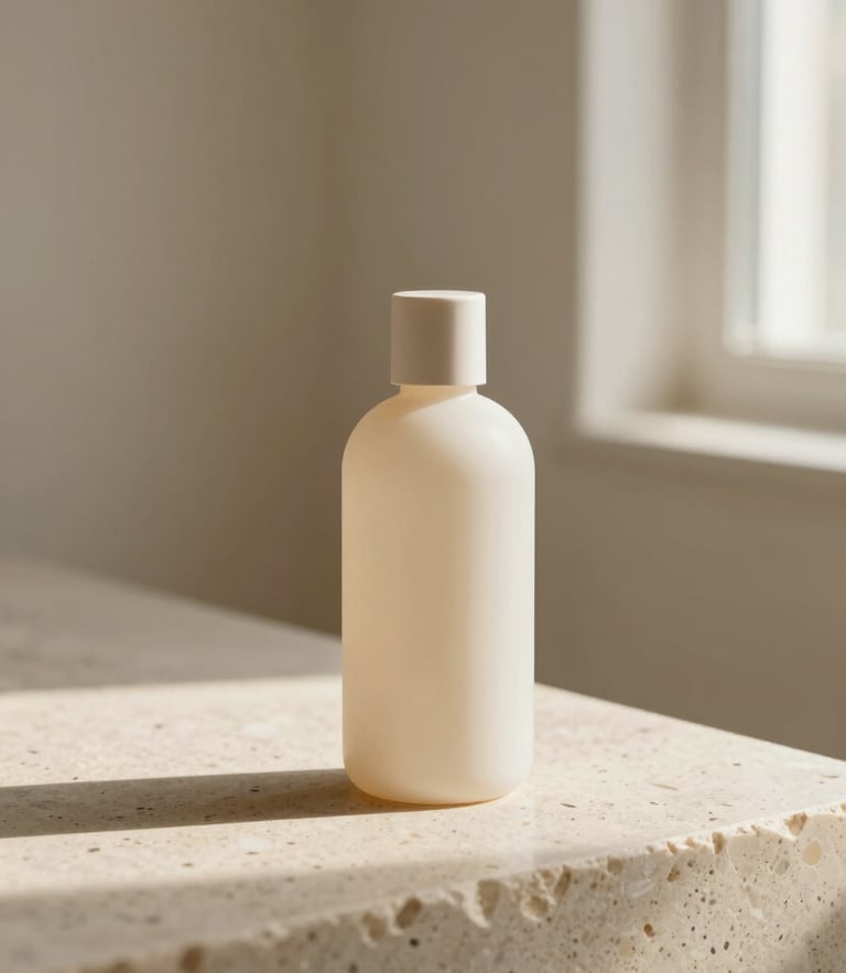 Minimalist product bottle on textured travertine stone, soft morning window light with gentle warm shadows, 35mm
