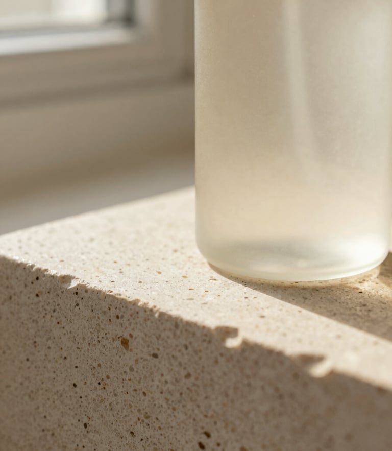 Macro close-up of a minimalist product bottle resting on textured travertine stone, soft morning window light, gentle warm shadows, 35mm photography