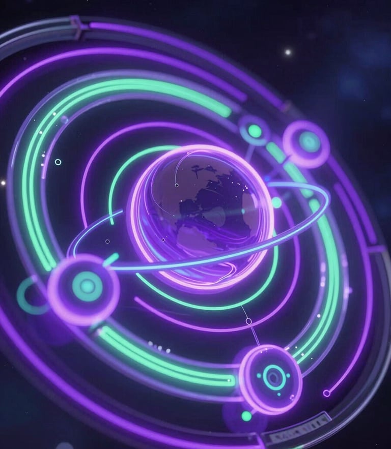 Macro shot of glowing holographic planetary orbits representing career clusters, neon purple and green data lines, glassmorphic interface details, deep space background