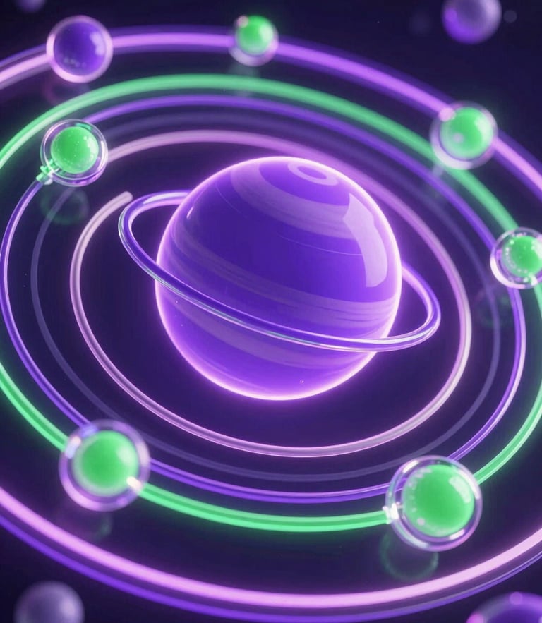 Macro shot of glowing 3D planetary orbits representing academic milestones, neon purple and green accents, glassmorphic interface details