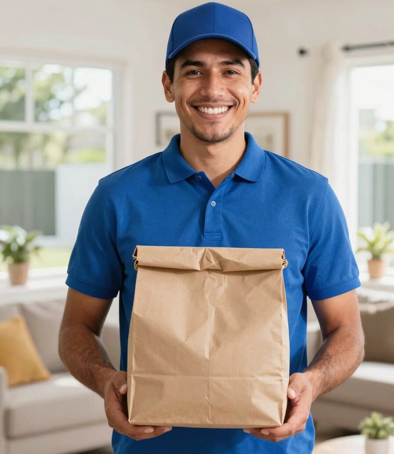 Medium shot of a friendly Mexican delivery agent in a bright, modern home, smiling while holding a clean package, warm natural daylight streaming through windows, sharp focus, vibrant colors.