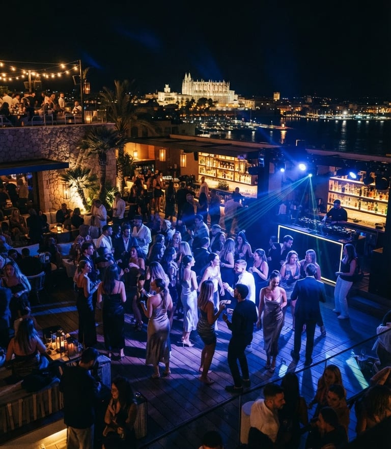 Atmospheric wide shot of an elite open-air club in Palma de Mallorca, dramatic nocturnal lighting with deep blue strobes and golden ambient glow, stylish people dancing in VIP area, high contrast, 35mm film