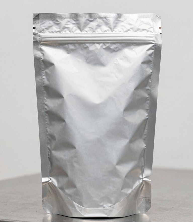 Close-up of a heat-sealed matte barrier foil mylar bag standing upright on a steel industrial surface, bright high-contrast studio lighting, neutral background, 50mm