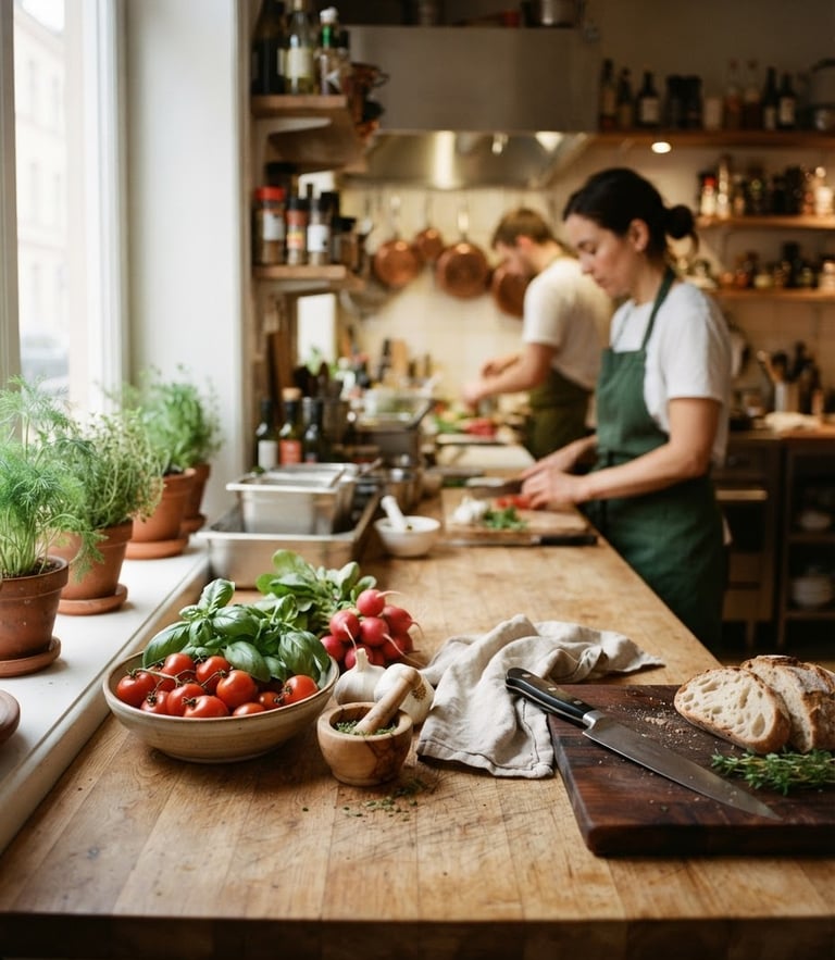 Cozy Scandinavian restaurant kitchen with soft daylight illuminating fresh ingredients on a wooden counter, 35mm photography