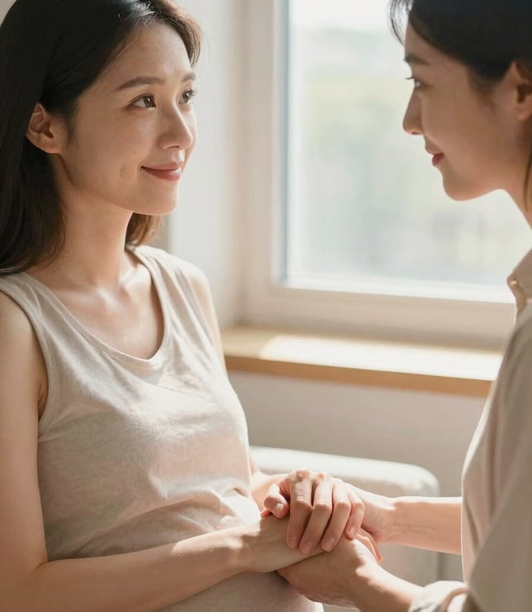 A warm, close-up portrait of an expectant mother sitting by a sunlit window, a supportive female advocate gently holding her hand, soft natural lighting, compassionate atmosphere.