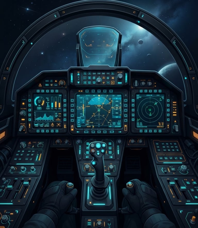 Sleek 3D vector illustration of an futuristic aircraft cockpit dashboard with glowing cyan and amber screens, dark mode aesthetic