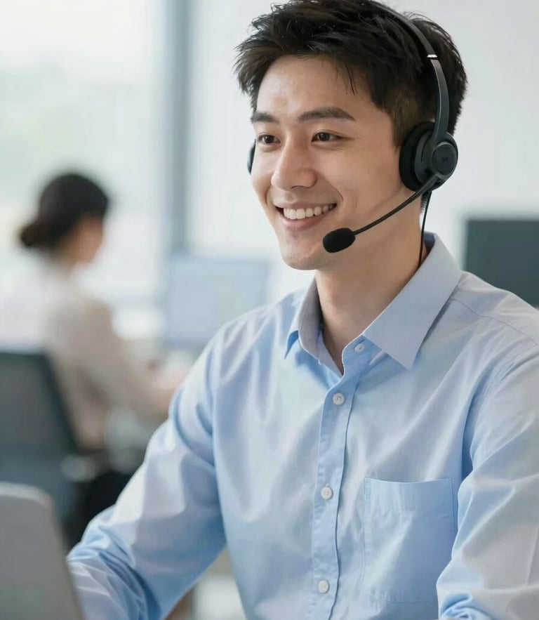 A friendly professional UK customer advisor with a headset, smiling in a bright modern workspace, soft natural daylight, shallow depth of field