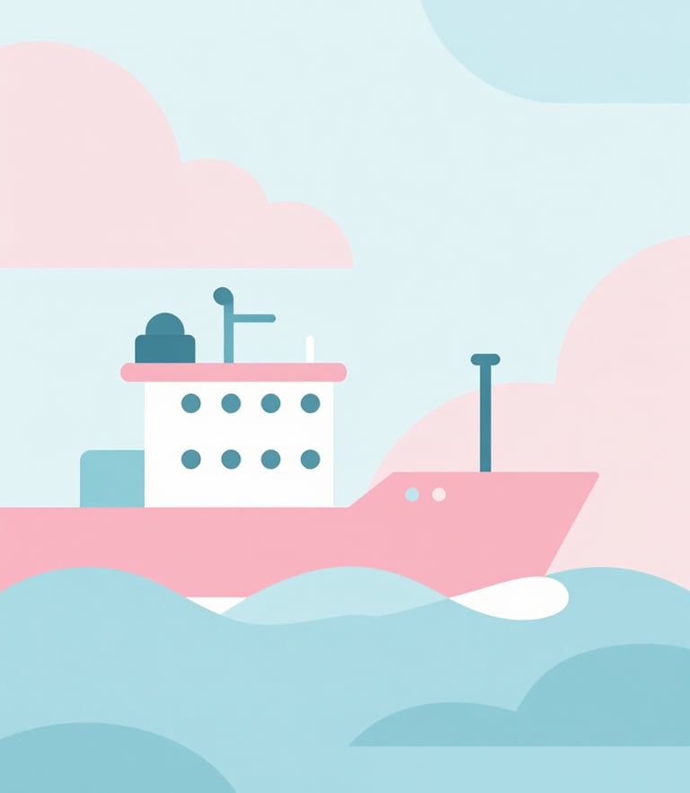 Flat vector illustration of a stylized cargo ship navigating abstract pastel waves, soft pink and sky blue geometric shapes, clean minimalist line art, bright and airy background
