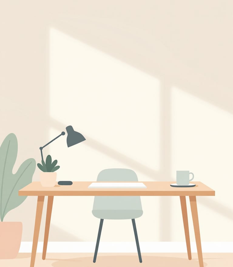 Soft high-key natural light illuminating a minimalist modern workspace in Johnston, Iowa, with clean pastel geometric shapes on a wooden desk, airy atmosphere.