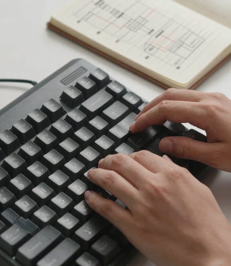 Close-up of hands typing on a mechanical keyboard next to a notebook with structured system flowcharts, crisp neutral studio lighting.