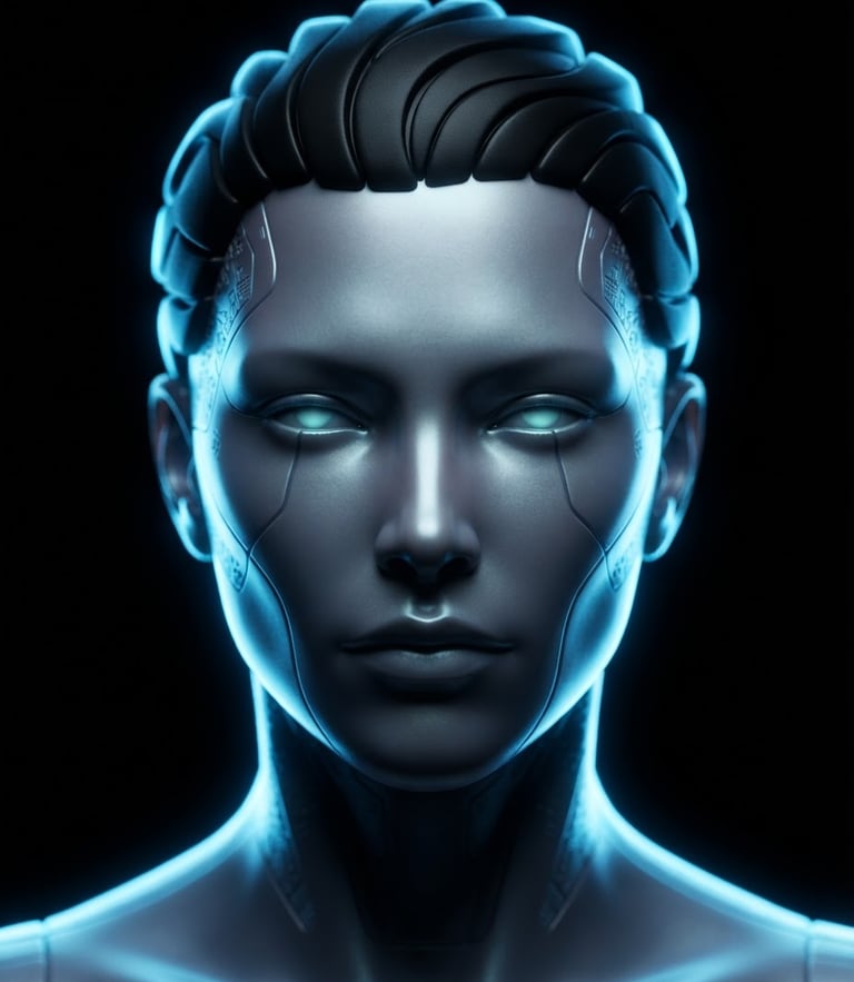 Surreal digital portrait with flawless but uncanny synthetic textures, high-contrast electric blue neon backlighting, dramatic chiaroscuro, centered macro shot, octane render