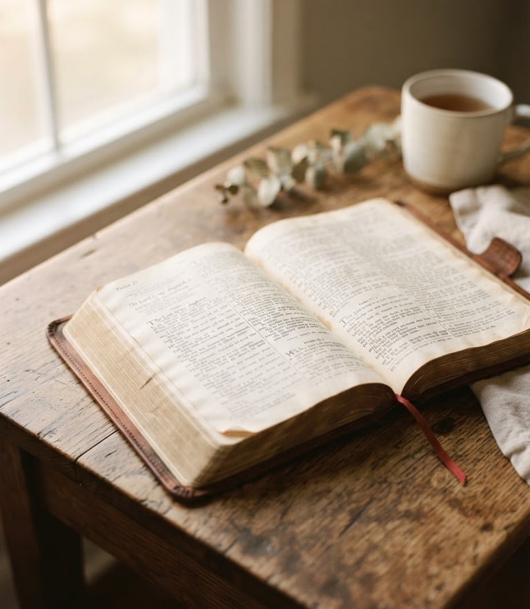 Soft diffused morning window light warming an open Bible on a wooden table, shallow depth of field, 35mm film