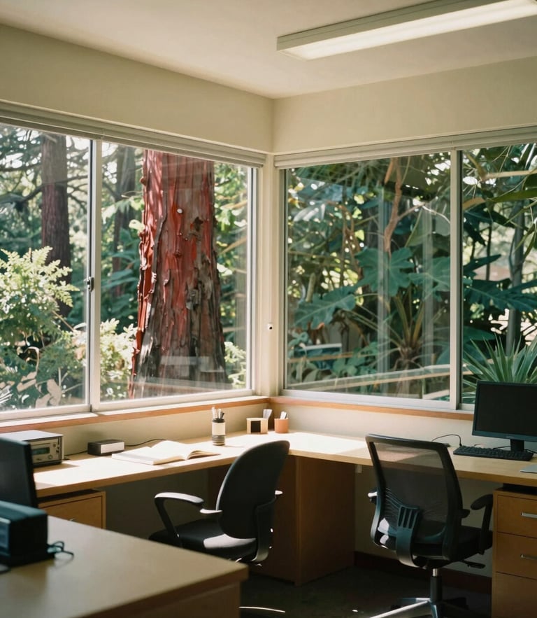 Warm environmental photography of a sunlit mid-century modern California office workspace, redwood trees visible through large windows, 35mm