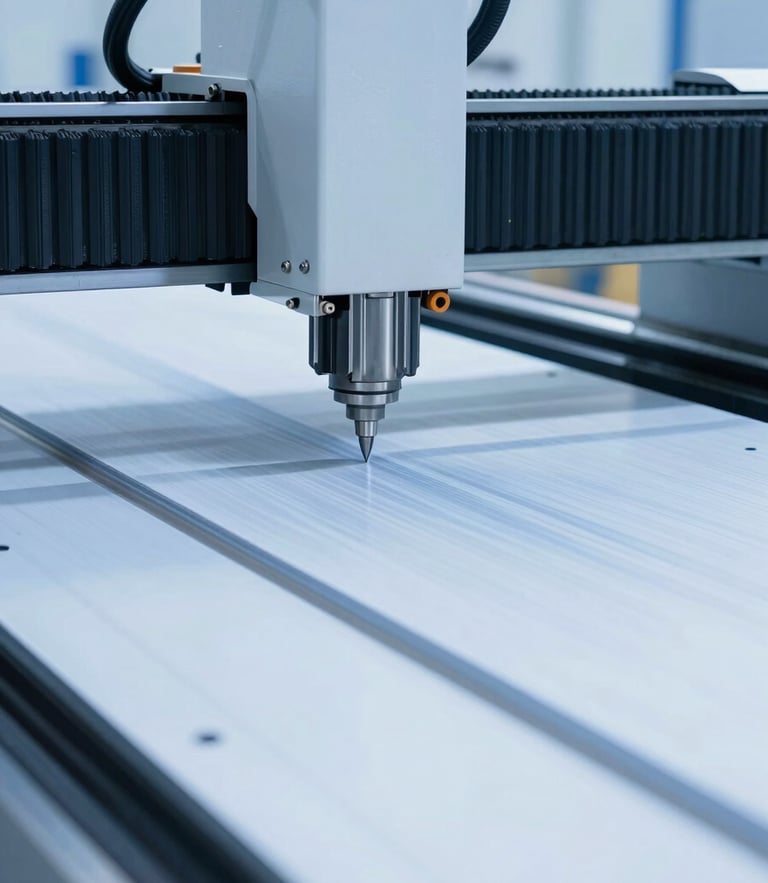 Close-up of a high-precision CNC laser cutting machine slicing through thick structural steel plate, cool blue industrial lighting, sharp focus, 35mm