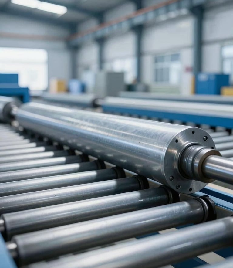 Close-up of industrial conveyor rollers moving heavy steel components, bright daylight streaming through warehouse skylights, 35mm