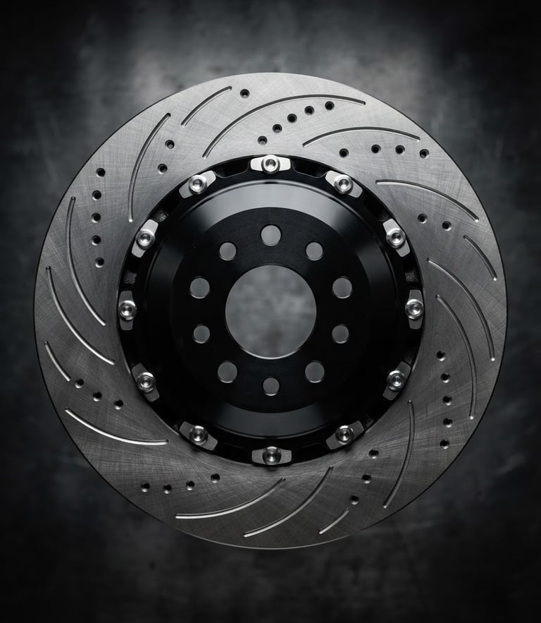Crisp, clean, isolated shot of a brand-new, high-performance brake disc on a dark metallic background, high-contrast studio lighting, sharp focus, industrial aesthetic.