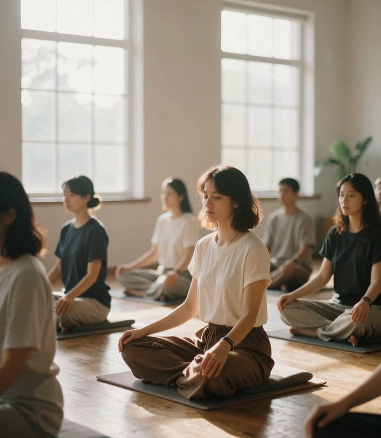 Quiet group of practitioners sitting in a bright, sunlit meditation hall, soft morning light filtering through high windows, warm editorial photography, 35mm film look
