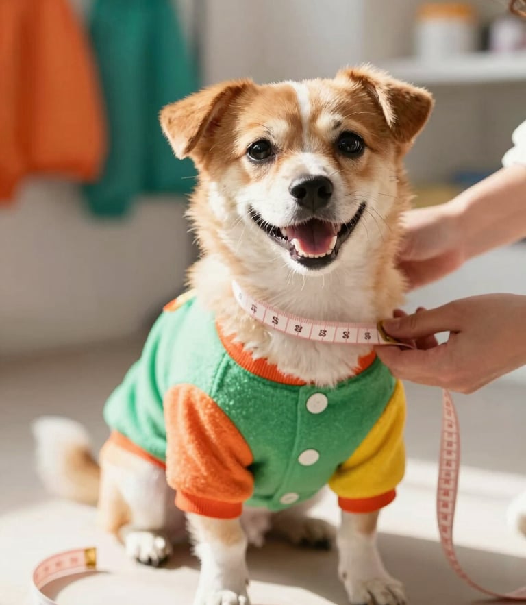 bright natural light photography, a cheerful small dog being measured gently with a soft tape measure, warm vibrant tones, workshop background, shallow depth of field