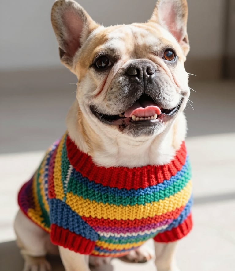 A joyful French bulldog wearing a colorful handcrafted Mexican knit sweater, bright natural light, looking up happily, 35mm lens