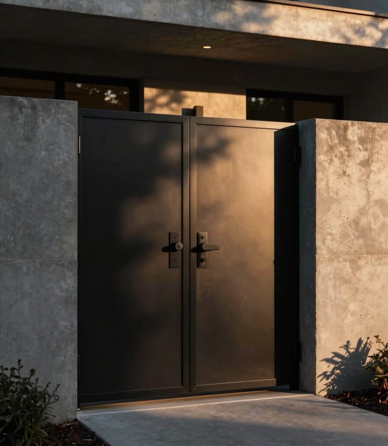 Dramatic architectural shot of a bespoke matte black iron gate integrated into a modern concrete villa facade, sunset chiaroscuro lighting casting long shadows.