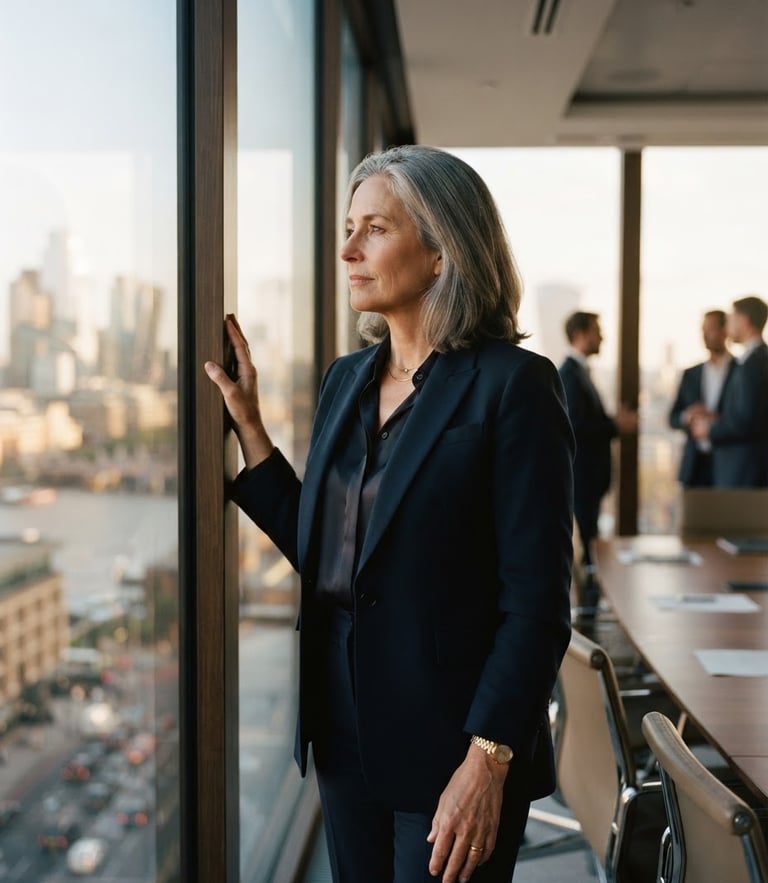 Editorial portrait of a mature business leader in a sunlit modern boardroom, looking thoughtfully out the window, soft natural lighting, shallow depth of field, 35mm