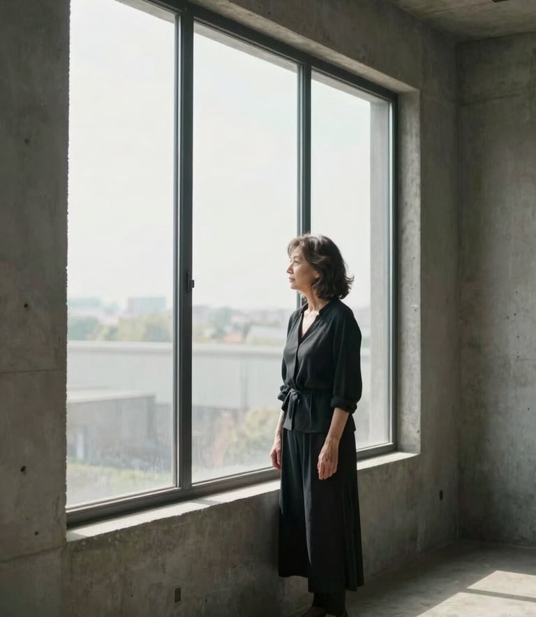 A thoughtful portrait of a mature woman looking out of a large window, soft side daylight casting natural shadows, minimalist concrete interior, medium-long shot with generous negative space.