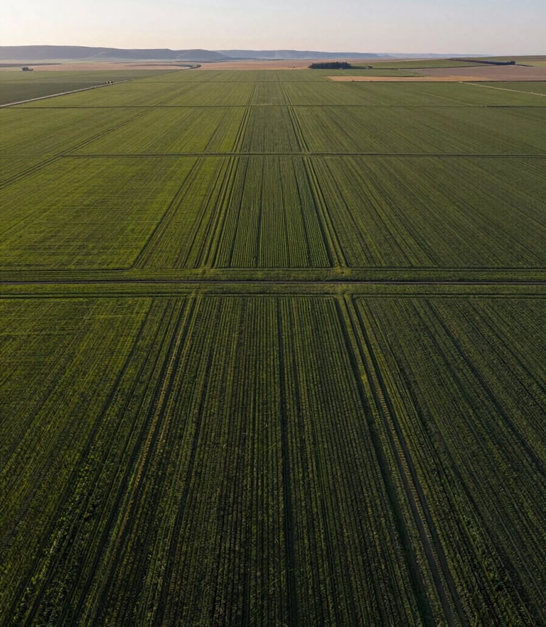 High-angle aerial view of geometrically perfect agricultural fields in Montana, sharp morning light, high contrast, clean lines of crop rows stretching to the horizon.