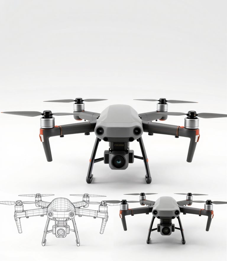 A high-fidelity 3D visualization of a complex drone assembly, showing a transition from a clean technical CAD wireframe on the left to a photorealistic textured model on the right, sharp focus, neutral studio lighting